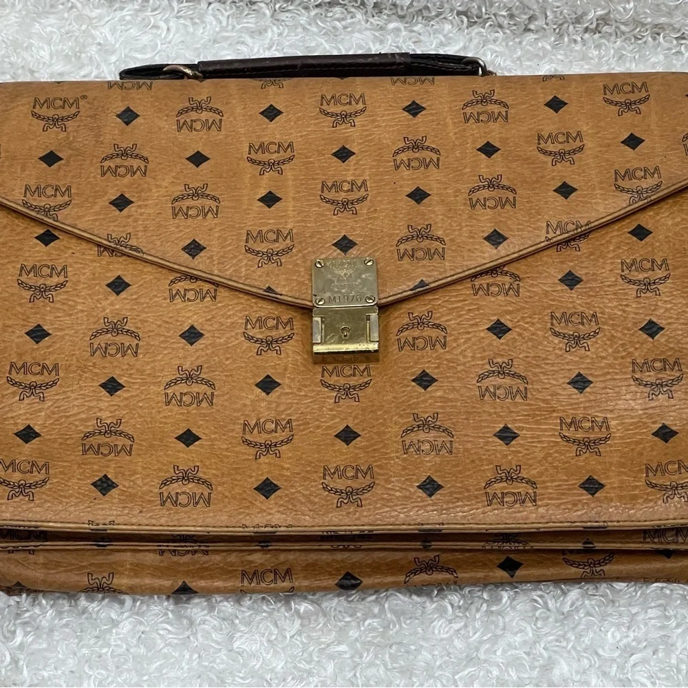 Authentic MCM Logos MONOGRAM LEATHER LAWYER LEGAL BRIEFCASE BUSINESS BAG